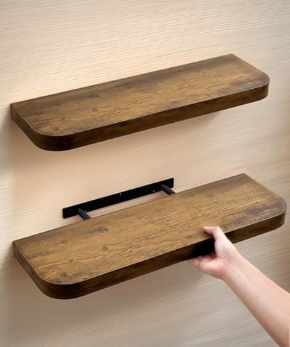 Image of Gronda Wooden Floating Shelves for Wall, Set of 2 Rustic Wall Mounted Shelf With Curved Edge Design Large Decor Storage Display Long Shelf for Bathroom, Bedroom, Kitchen, Office, Living Room 60CM