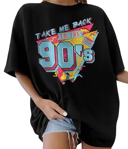 Image of Lonya Women's T-Shirts Round Neck Y2k 90s Oversized T Shirts for Women Ladies Short Sleeve Graphic Print Summer Baggy Plus Size Casual Cotton Tee Tops,Crystal Black,XXL