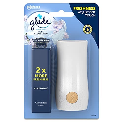 Image of Glade Touch & Fresh Air Freshener Refill, Touch Activated Odour Eliminator for Bathroom & Home, Clean Linen, 1 Starter Kit (1 x Holder and 1 x 10ml Refill)