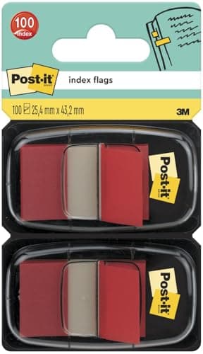 Image of Post-it Index Flags, Medium, Red, 2 Dispensers 25.4 mm x 43.2 mm, 100 Flags - To Mark, Highlight or Color Code Important Information