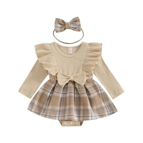 Image of Vioyavo Infant Baby Girls 2Pcs Dress Outfits Ruffle Long Sleeve Plaid Print Skirt Romper with Headband Set Cute Fall Short Skirt Set (Apricot, 12-18 Months)