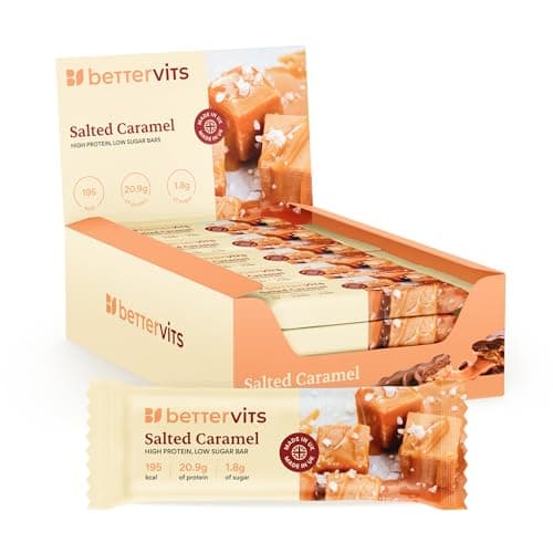 Image of Bettervits Protein Bars 12 Pack - Low Calorie | High Protein 20.3g Energy Bars | Low Sugar Protein Snacks for Gym & Fitness | Just 192 Calories - UK Made | Salted Caramel