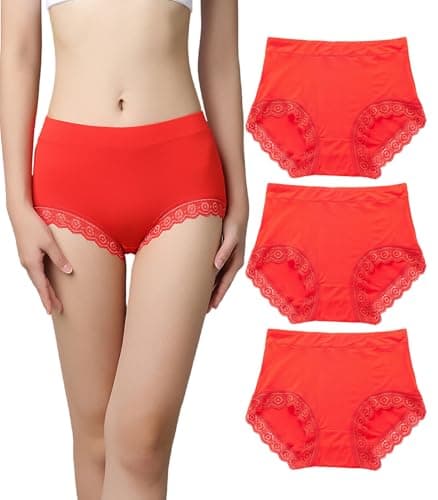 Image of marysgift Women's Lace Knickers Multipack of 3 Ultra Thin Cotton Briefs Ladies Sexy Panties Stretchy Mid Rise Bikini Hipster Lace Underwear for Women (XXL UK 14 16-3311 Red)