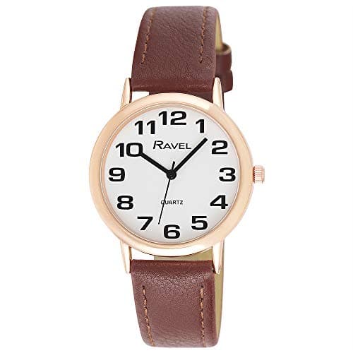 Image of Ravel Women's Easy Read Watch with Big Numbers - Brown/Rose Gold Tone/White Dial