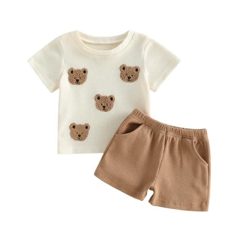 Image of BeliBacca Cute Baby Boy Summer Waffle Outfits Bear Embroidery Crew Neck Short Sleeve Shirts Pockets Shorts Set 2pcs Infant Toddler Boy Clothes (Khaki, 12-18 Months)