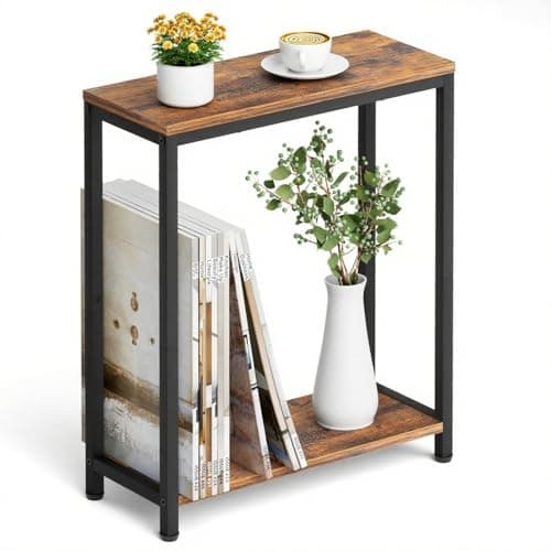 Image of MISSLO Small Side Table, 2-Tier End Table for Living Room, Narrow Bedside Table for Bedroom, Sofa, Couch, Rustic Brown and Classic Black