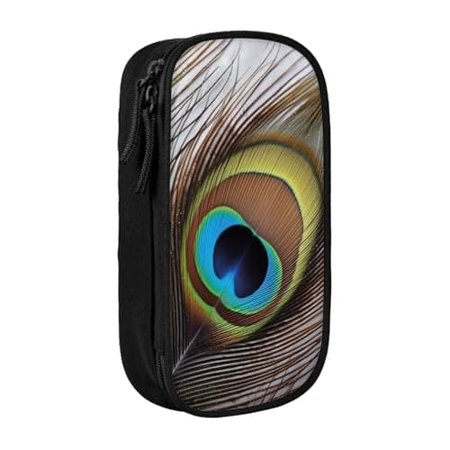 Image of AABSTBFM Peacock Feather Printed Pencil Case Large Capacity Compartment Pencil Pen Pouch Bag with Zipper for School Office Travel, Black