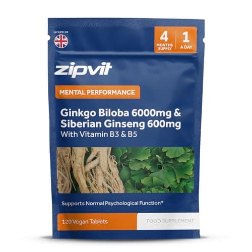 Image of Zipvit Ginkgo Biloba 6000mg & Siberian Ginseng 600mg with Vitamins B3 & B5 Pouch, 120 Vegan Tablets, Supports Energy & Mental Performance, 4 Month Supply