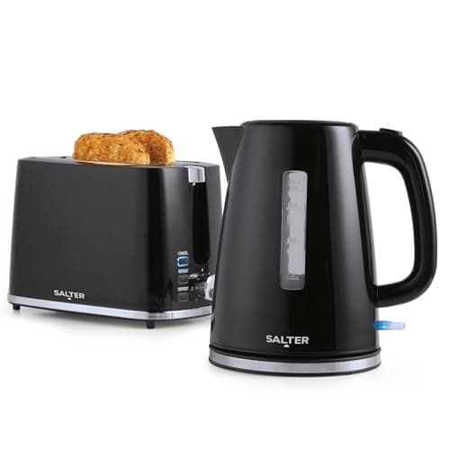 Image of Salter COMBO-9133 Deco Kettle and Toaster Set – Rapid Boil 3 kW Kettle With Removable Limescale Filter, 2-Slice Wide Slot Electric Toaster, Crumb Tray, Self-Centring, Water Level Indicator, Black