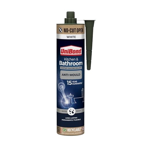 Image of UniBond Kitchen and Bathroom Mould-Resistant, White Silicone Sealant, Easy No Cut Opening, Silicone-Based Sanitary Sealant, Waterproof, 1 x 280ml Cartridge