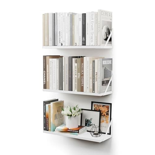 Image of CASSA TOKO Wall Mounted Floating Book Shelves for Wall Set of 3, Shelf Bookshelf for Bedroom Living Room Office Bathroom Kitchen Rustic Wood with Metal Bracket (White)