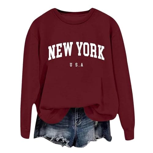 Image of Generisch Women's Sweatshirt with 'New York U.S.A' Print - Casual Pullover in College Style | Crew Neck Jumper for a Relaxed Everyday Look, Style_k05 Wine Red, XXL