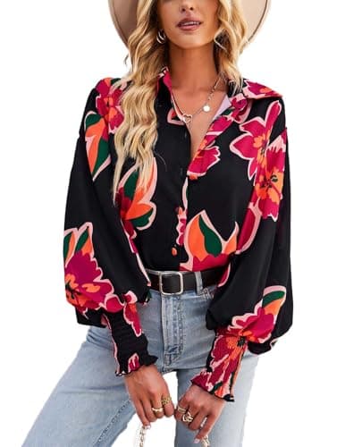Image of HUXRAKV Blouses for Women Dressy Casual Long Sleeve Button Down Shirts Floral Printed Fall Blouses with Lantern Sleeve Tops,WD15-Red,M