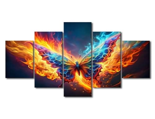 Image of TISHIRON Canvas Wall Art 5 Panel Abstract Multicolored Butterfly Oil Painting Wall Decor Vintage Butterfly Poster Prints for Living Room Bedroom Bathroom Decoration Framed Ready to Hang 60" Wx32 H