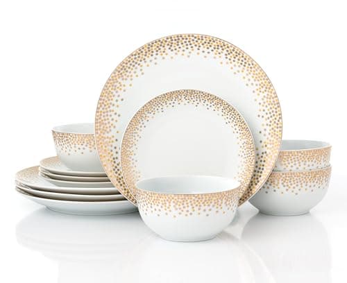 Image of Waterside 12pc Gold Sparkle Porcelain Dinner Set; 4 Dinner Plates, Side Plates and Deep Bowls