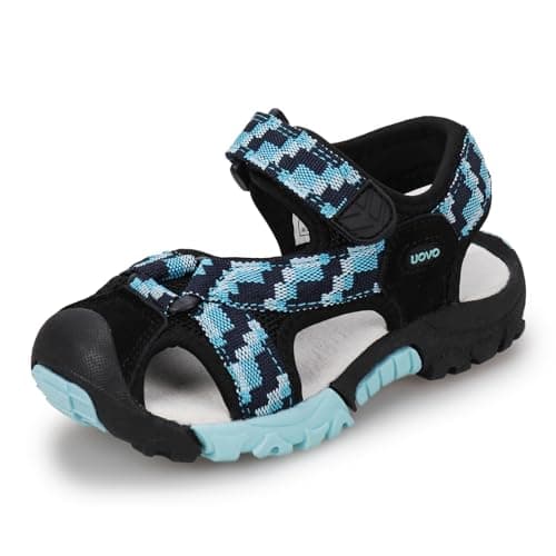 Image of UOVO Boys Sandals Anti-Slip Summer Outdoor Shoes Toe Protection Breathable Leather Lining Black Blue Size 7.5UK Toddler 25EU