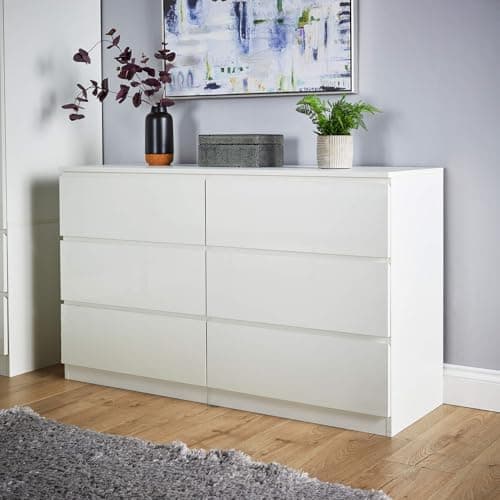 Image of Home Source Large 3+3 Chest of Drawers, High Gloss Front Compact Bedroom Cabinet, Spacious Wide Dresser Storage, 6 Drawer, White