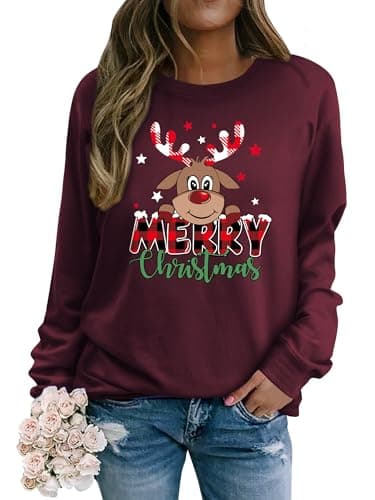 Image of Yihelian Womens Sweatshirt Merry Christmas Letter Printing Top Ladies Cute Elk Graphic printed Pullover Long Sleeve Crew Neck Blouse Wine Red