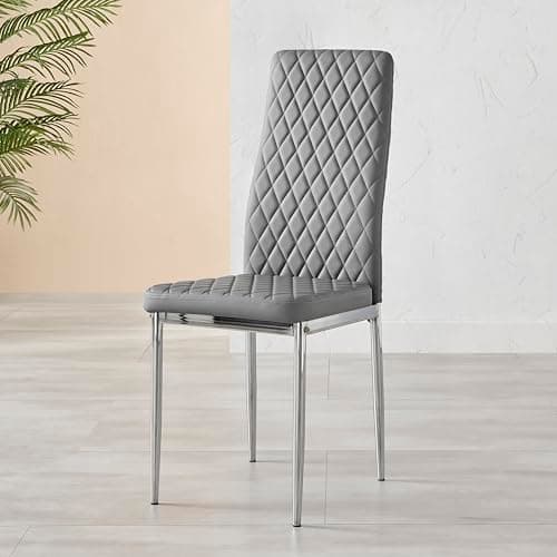 Image of Furniturebox UK Milan Dining Chair - Set of 4 or 6 Chairs - Premium Dining Room Chairs - Contemporary & Luxurious Chrome Hatched Diamond Faux Leather Seats (6x Elephant Grey Chairs)