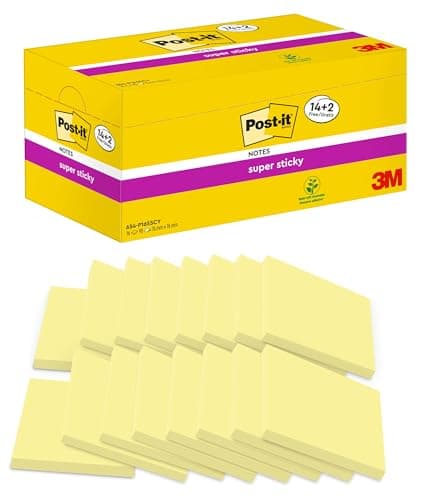 Image of Post-it Super Sticky Notes, 1440 Sheets, Value Pack of 14 + 2 Free Pads, 76 mm x 76 mm, Canary Yellow - Holds Strong to Many Surfaces - for Walls, Monitors and Fridge, Recycable