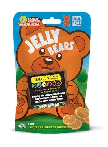 Image of Jelly Bears Omega 3 Multivitamins - 120 Gummies, 2 Month Supply - Orange Flavour- Sugar Free Chewable Multivitamins for Kids