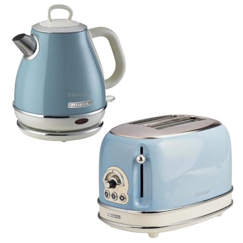 Image of Ariete Vintage 1L Jug Kettle & 2 Slice Toaster Blue Set, 1600 Watts, Cold Handle, Steel Walled Kettle, 360° Swivel Base, Auto Shut Off, Auto Eject, Removable Crumb Tray, 6 Browning Levels, Defrost