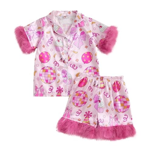 Image of XIXIMAON 1-9Y Girls Summer Satin Pyjama Set Cake Print Short Sleeve Button Shirt Shorts Pjs Set Little Girl Birthday Pjs Nightgown Outfit Loungewear (Peach Pink, 7-8 Years)