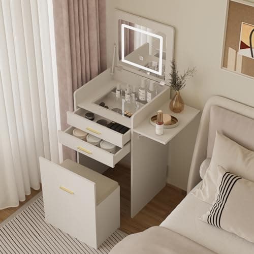 Image of YOURLITE Dressing Table with Flip-top Mirror and LED Lights, Integrated Makeup Table for Small Spaces, Compact Small Vanity Desk Set with Fold-up Panel, Cushioned Storage Stool for Bedroom, White