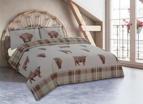 Image of Charlotte Andersen Tartan Check King Size Highland Cow Duvet Cover Set Reversible PolyCotton Bedding (NATURAL, KING)