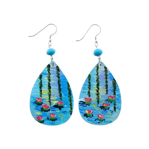 Image of Hand-Painted Wooden Earrings - WATER LILIES AND WILLOW POND BY MONET - Women's drop earrings, Hand-Painted Wooden, Silver nickel free hooks, Made in Italy, Women's Decorated jewelry, Handcrafted