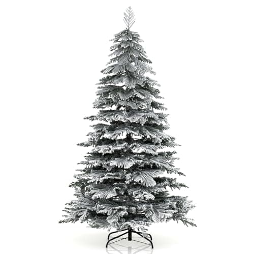 Image of COSTWAY 6ft/7.5ft Snow Flocked Christmas Tree, Hinged Holiday Trees with Metal Stand, Luxury Artificial Xmas Full Tree for Home Market Office Decoration (190 cm)