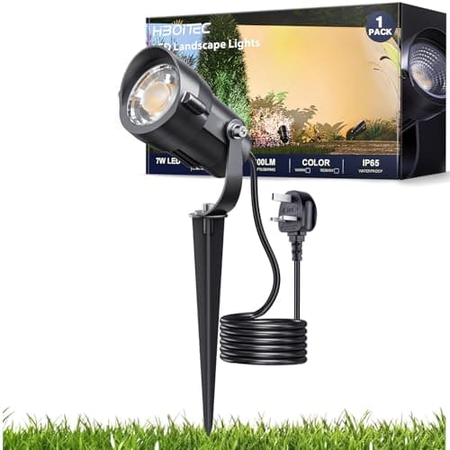 Image of HIBOITEC 1Pack 7W Garden Light with 1.5M Cord, 600LM Outdoor Lights Mains Powered, 2700K Warm White, 270° Adjustable, IP65 Waterproof Garden Spotlight, Plug-in LED Spike Lighting for Yard Patio