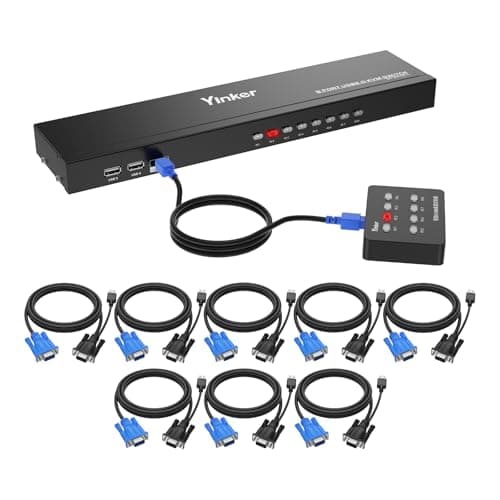 Image of Yinker 8 Port 1920x1440 VGA KVM Switch with 4 USB 2.0 Ports, 1U 19" Rackmount Server Console, IR Remote/Panel Button/Auto Scan/Wired Selector, Plug & Play, EDID Storage, 8 KVM Cables Included