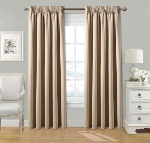 Image of StylemyBedroom Pair Pencil Pleat Tape Top Plain Thermal OUT LINED Curtains with Tie Backs - Plain, Insulated, Energy-Efficient, Light-Blocking, Noise-Reducing, Lined, 46" x 54" - Beige