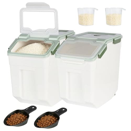 Image of Uotyle 25L Airtight Flour Storage Container with Measuring Cups, Hooks, Scoops, Rice Organizer Box, Large Plastic Food Bin with Lid for Dog, Cat Food, Flour, Rice, Cereal, Nuts (Green)