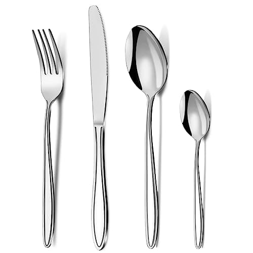 Image of Cutlery Set, Pleafind 48-Piece Stainless Steel Flatware Set for 12 People, Spoon Knife and Fork Sets, Mirror Polished and Dishwasher Safe, Silverware Set for Home, Kitchen