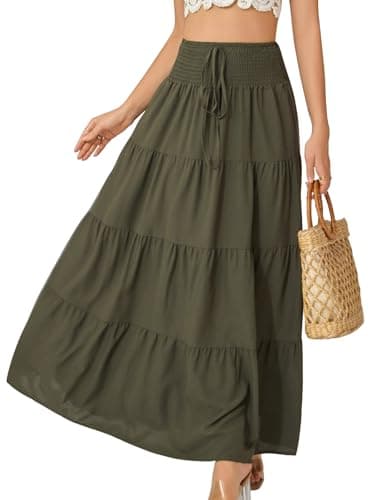 Image of Monbessi Maxi Skirts for Women (with Lining) 2 in 1 Ladies Skirts Elasticated Waist Boho Long Skirt Flowy Skirt for Summer, Vacation, Shopping, Daily(XL, Dark Green)