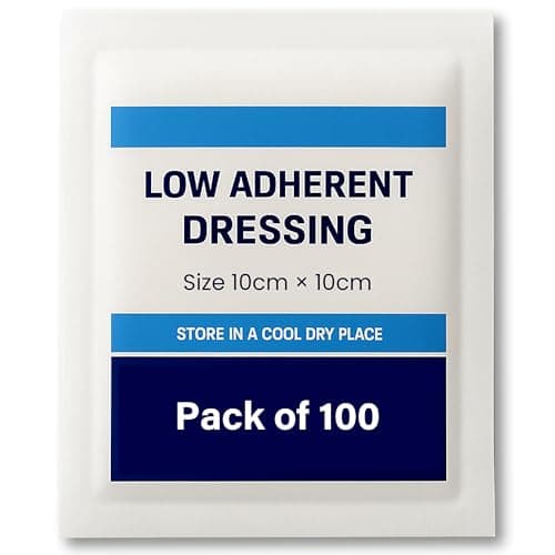 Image of Low Adherent Dressing Pads 10x10cm – 100 Pack Sterile Non-Stick Wound Dressings, Soft & Absorbent Pads for Minor Cuts, Scrapes & Wounds with Light Discharge