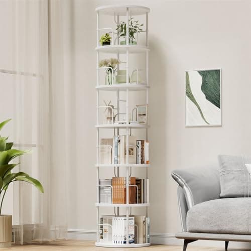 Image of OCTORO 6 Tier Rotating Bookshelf, 360° Corner Bookshelf Tower, Round Revolving Bookcase with Adjustable Levels, Spinning Book Shelf for Home Office, Bedroom, Living Room, 45 x 45 x 193 cm, White