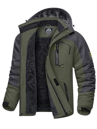 Image of KEFITEVD Men's Waterproof Fleece Jackets Winter Warm Ski Raincoats Outdoor Thermal Coats with Detachable Hood Army Green, L