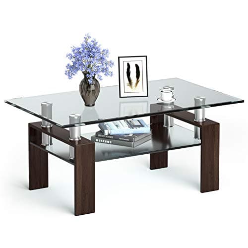 Image of COSTWAY Tempered Glass Coffee Table, 2-Tiers Rectangle Side End Table with Lower Storage Shelf and Metal Legs, Home Office Living Room Modern Tea Table (Coffee)