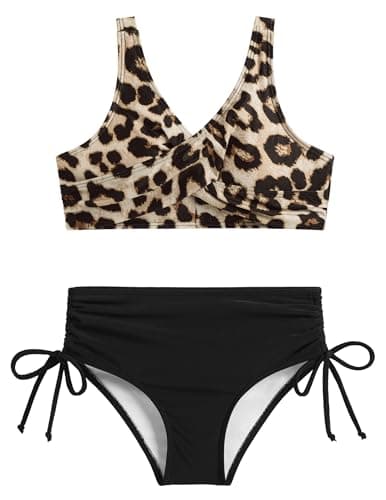 Image of Arshiner Girls Bikini Set Leopard Print Swimming Costume Kids V-Neck Tankini Teen Swim Separates High-Waisted Bikini Bottoms with Drawstring 140/9-10 Years