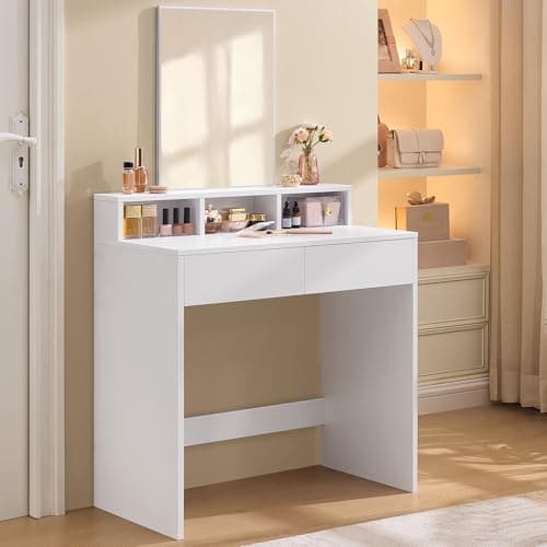 Image of VASAGLE KAILYN Collection - Dressing Table, Vanity Table with Rectangular Mirror, 2 Drawers and 3 Compartments, Makeup Desk, Modern, Cloud White RDT113W01