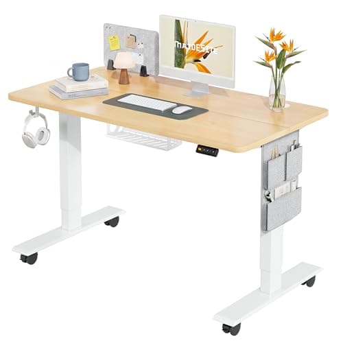 Image of MAIDeSITe Electric Height Adjustable Standing Desk, 120 x 60 cm Sit Stand Desk with Cable Tray, Hook and Storage Pocketse, Stand Up Desk with Memory Controller for Home Office