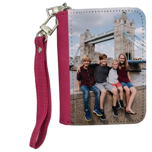 Image of Getagift Personalised Your Own Photo, Women's Small Leather Zip-Around Wallet, Girl Purse, Credit Card Slots, Coin Purse, Pink.