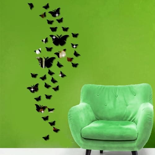 Image of Butterfly Mirror Wall Stickers, 36pcs Acrylic 3D Wall Art Stickers Mirror Stickers for Living Room Bedroom Office B Style Cute (Black)