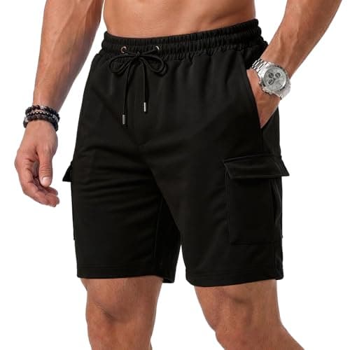 Image of GDOKKNY Men’s Lightweight Cargo Shorts Elastic Waist Multi Pockets Durable Casual Work Outdoor Hiking Short (UK, Alpha, XL, Regular, Regular, Black)