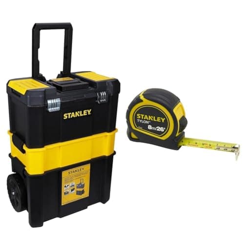 Image of STANLEY Essential Rolling Workshop Toolbox, 3 Tier Stackable Units, STST1-80151 & Tylon 8m/26ft Pocket Tape Yellow/Black, 0-30-656