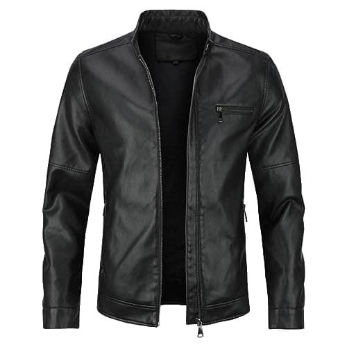Image of Sliktaa Men's Casual Jacket Stand Collar Soft Warm Bomber Faux Leather Jacket Windbreaker, black, L
