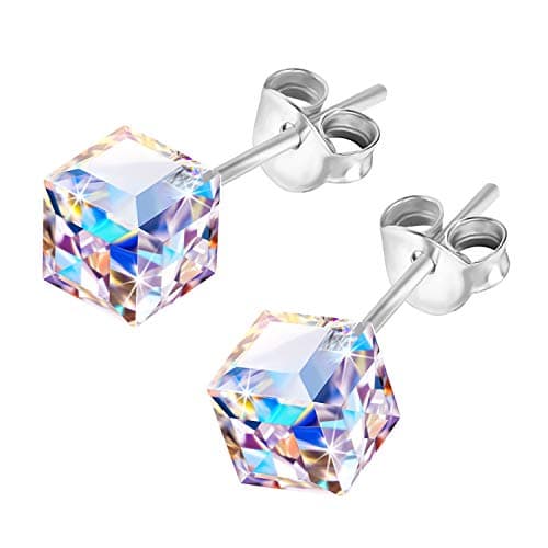 Image of AMOR SPES Iridescent Color Change Crystal Square S925 Sterling Silver Stud Earrings Women Girl Gifts (Iridescent)